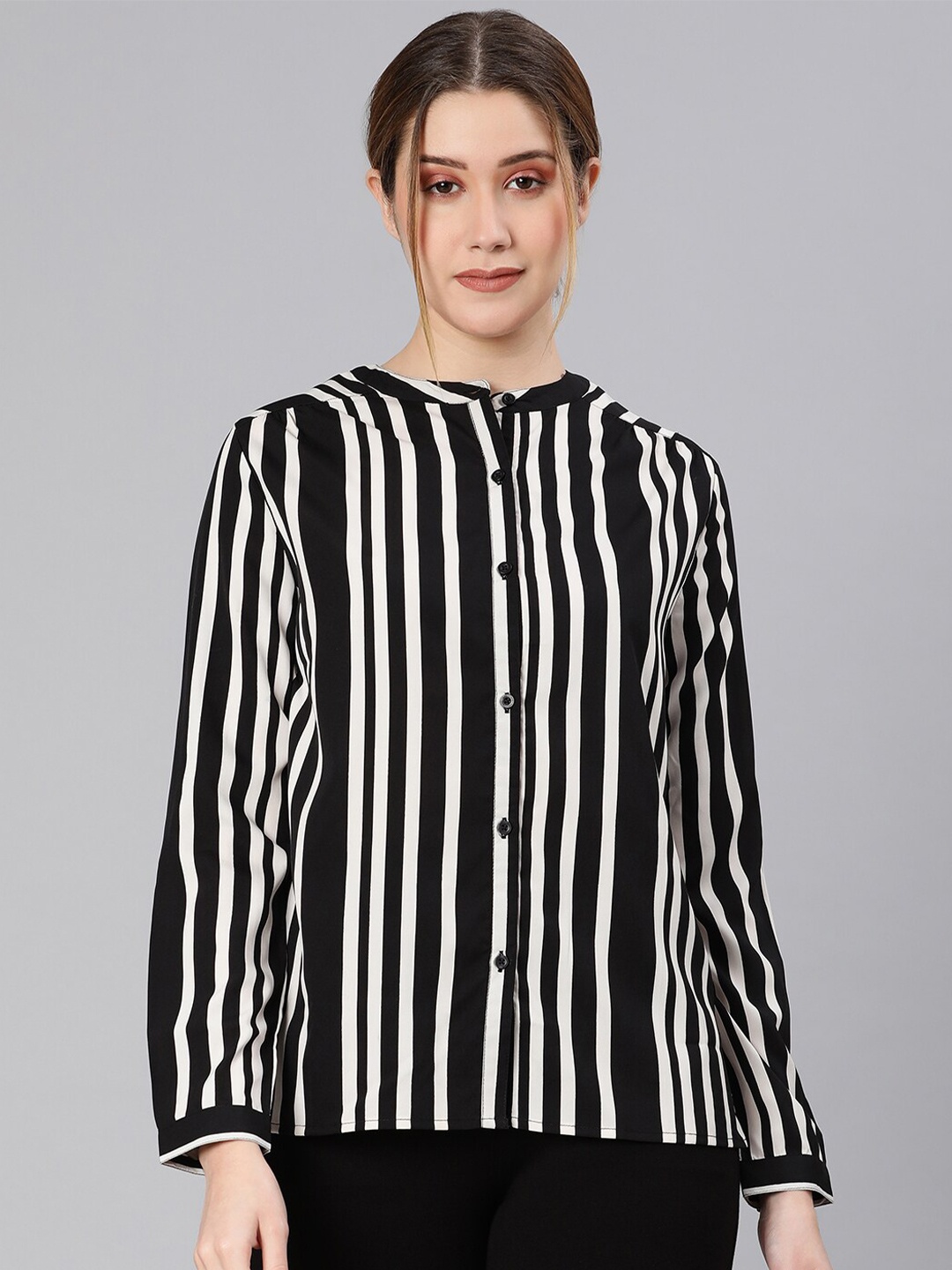 

Oxolloxo Women Black Classic Striped Casual Shirt