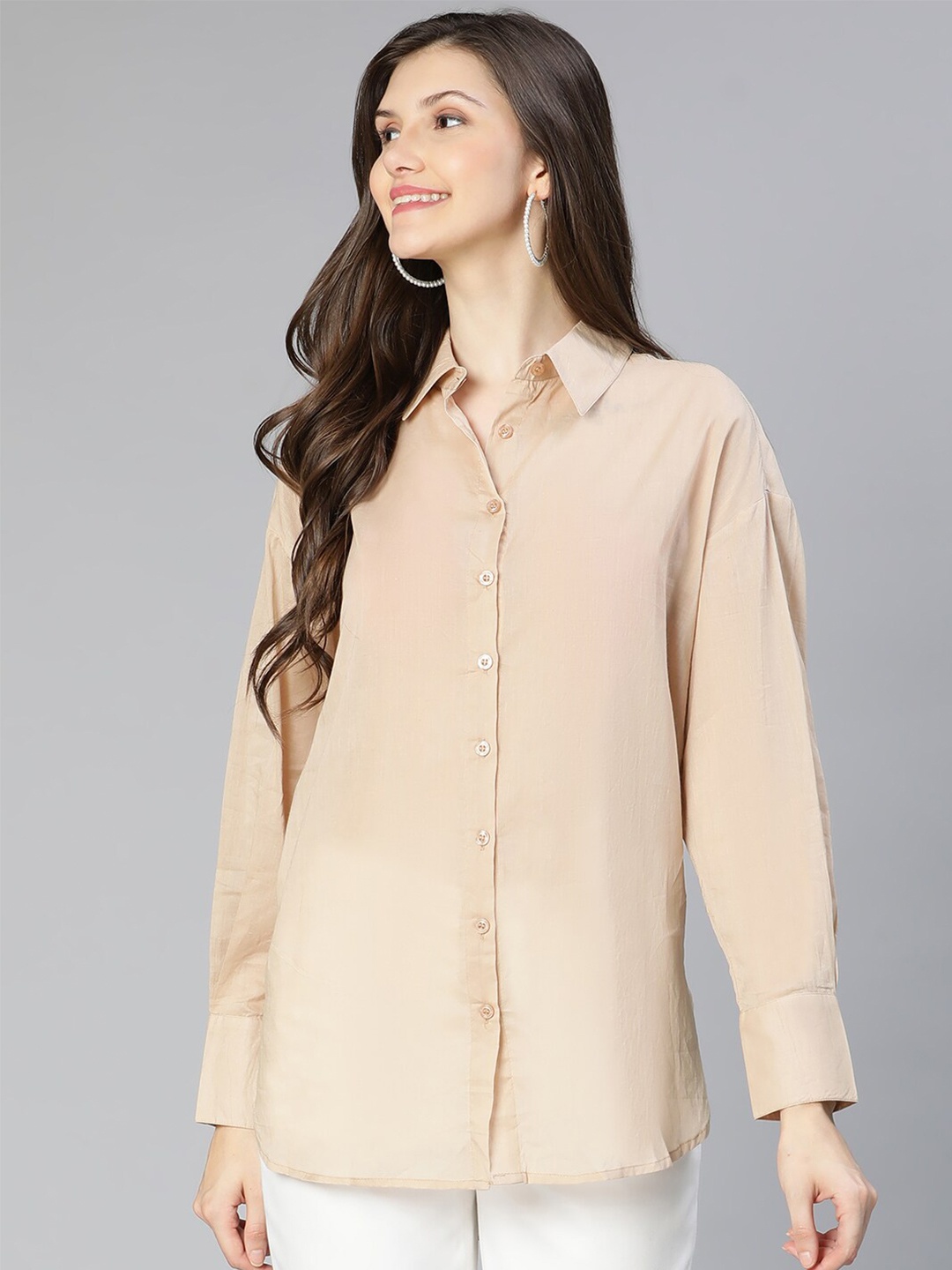 

Oxolloxo Women Beige Classic Semi Sheer Cotton Casual Shirt
