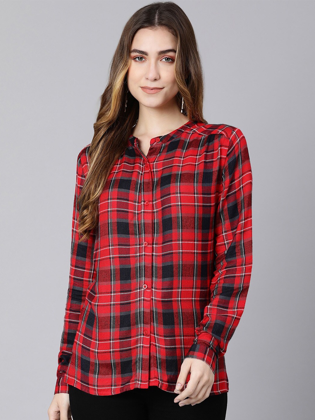 

Oxolloxo Women Red Classic Tartan Checks Checked Longline Casual Shirt