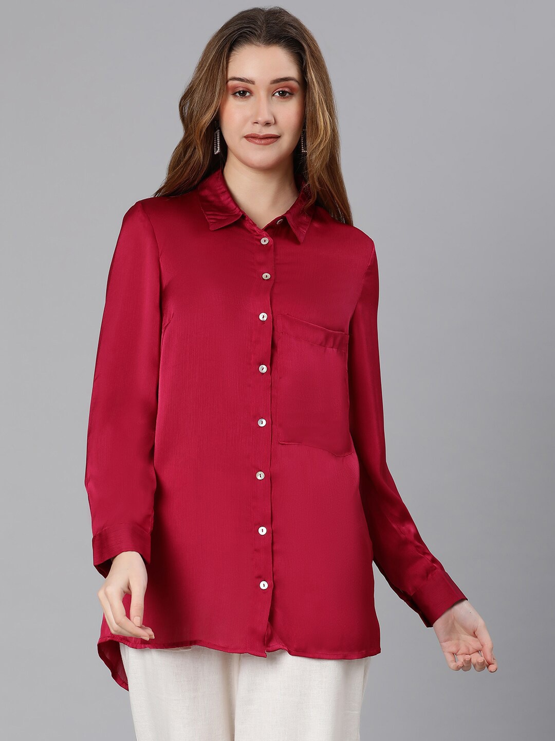 

Oxolloxo Women Maroon Classic Longline Casual Shirt