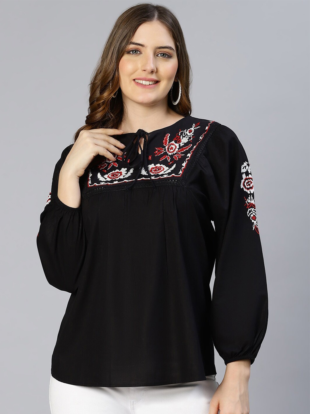 

Oxolloxo Women Black Floral Embroidered Tie-Up Neck Top