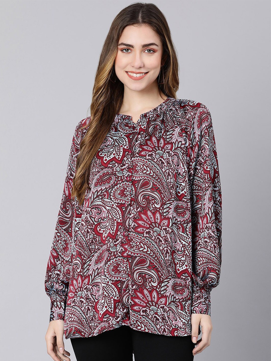 

Oxolloxo Maroon Ethnic Printed Mandarin Collar Top