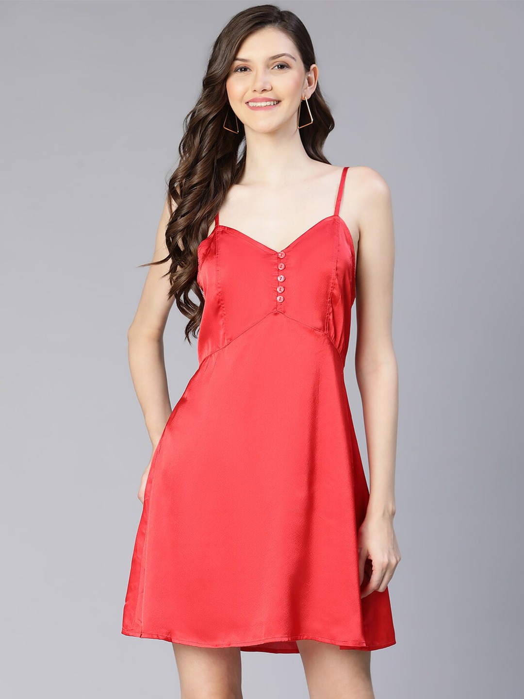

Oxolloxo Red Satin A-Line Shoulder Strap Dress
