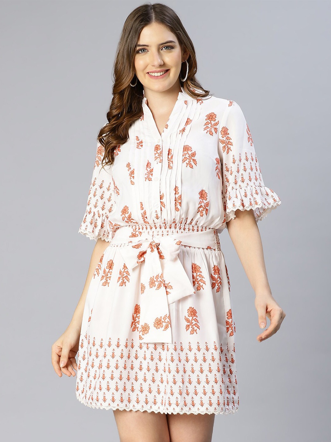 

Oxolloxo White & Orange Floral Printed Smocked Shirt Dress