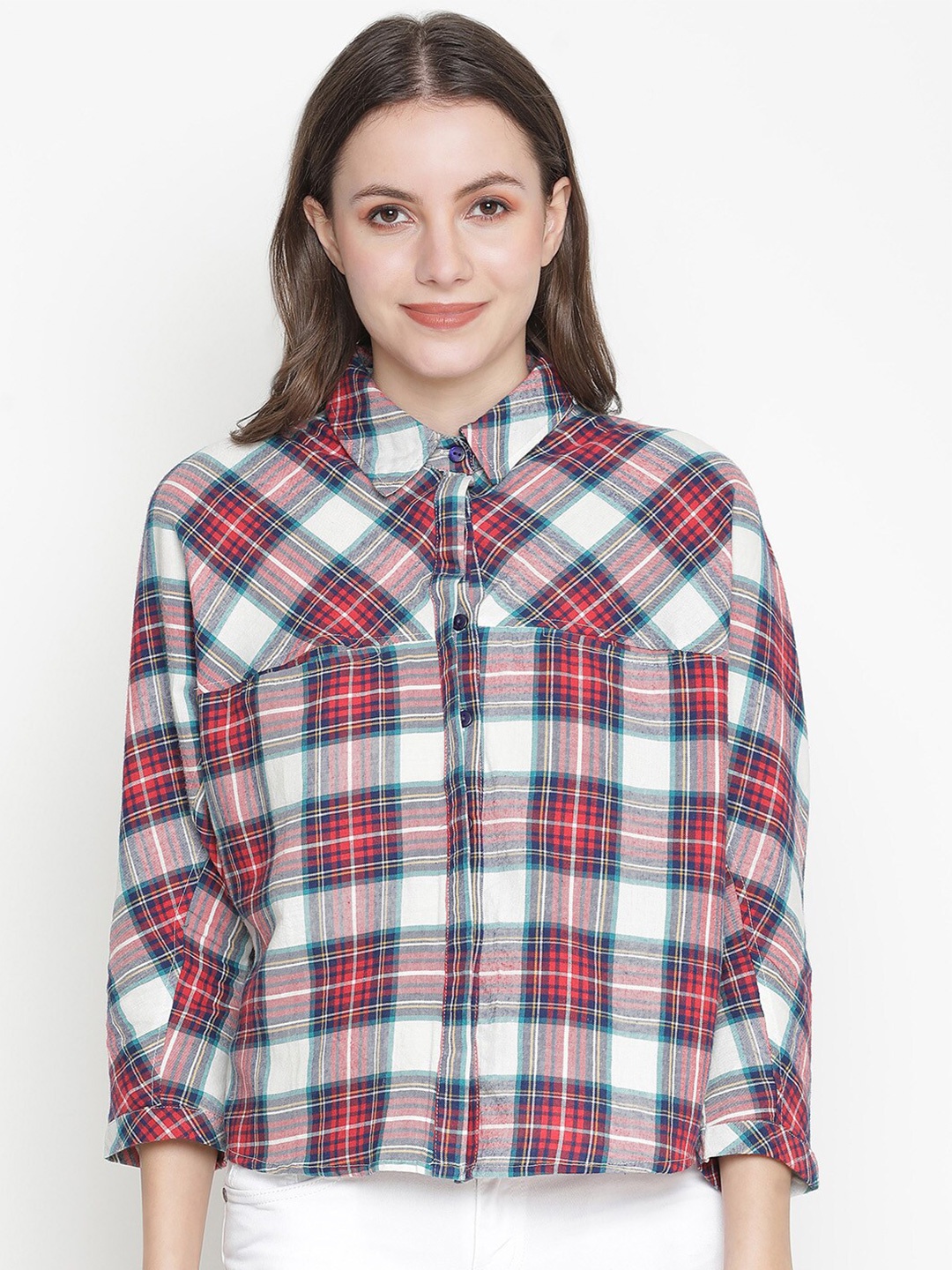 

Oxolloxo Women White and Red Classic Tartan Checks Checked Casual Shirt