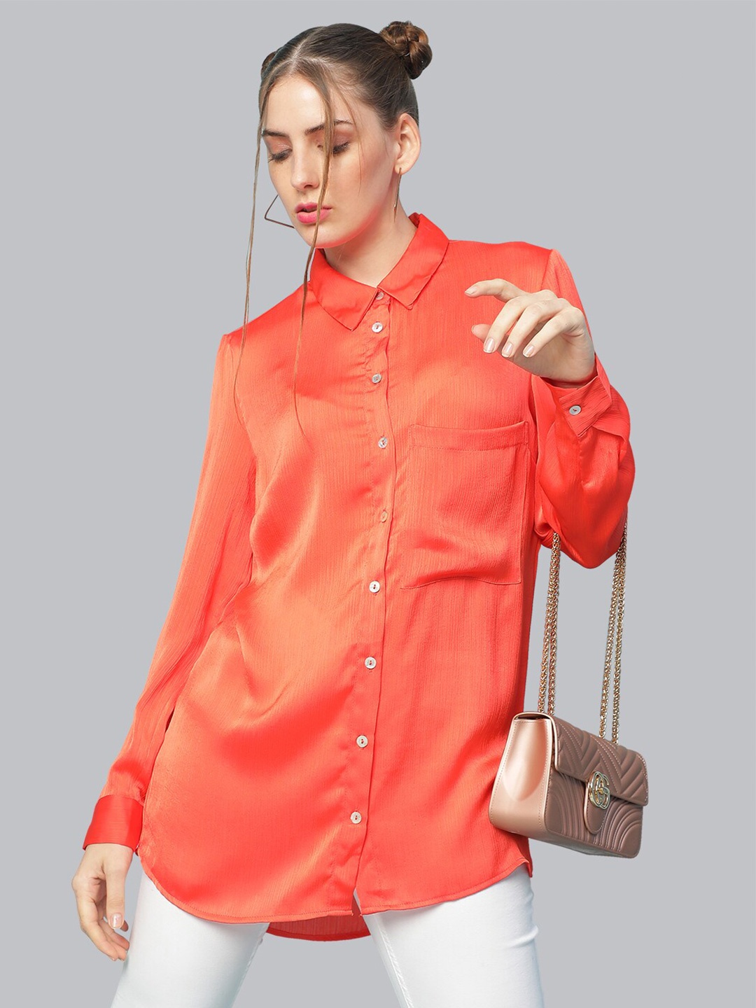 

Oxolloxo Women Orange Classic Longline Casual Shirt