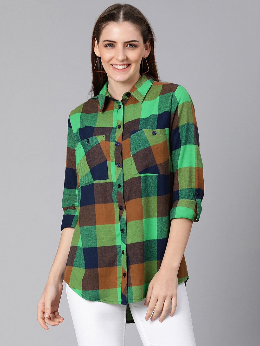 

Oxolloxo Women Green Classic Buffalo Checked Cotton Casual Shirt