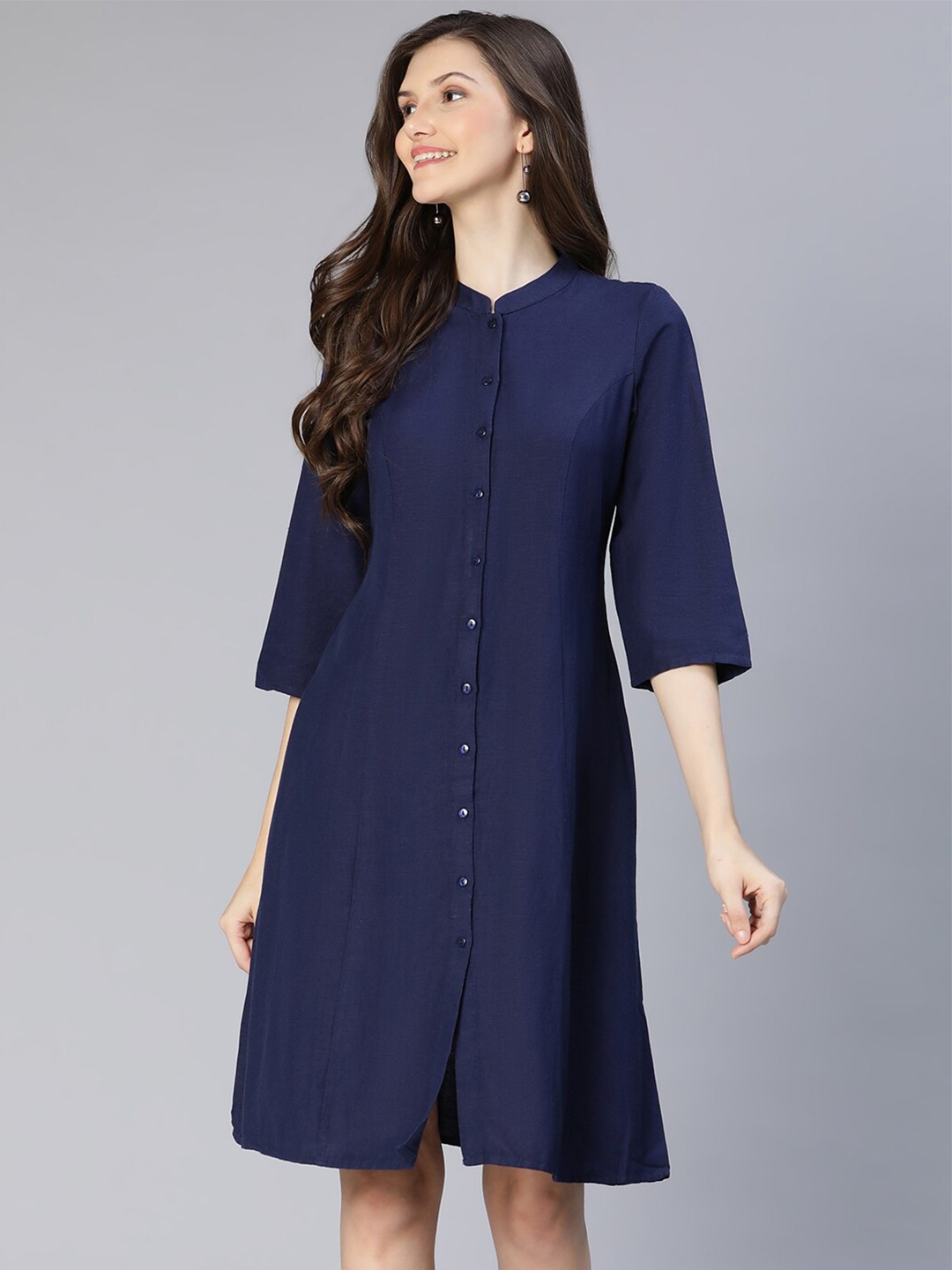 

Oxolloxo Navy Blue Solid Button-Down Shirt Dress