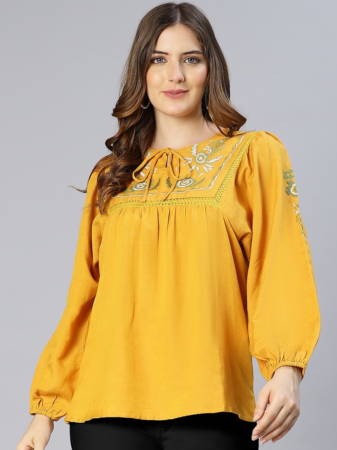 

Oxolloxo Mustard Yellow Floral Embroidered Tie-Up Neck Crepe Top