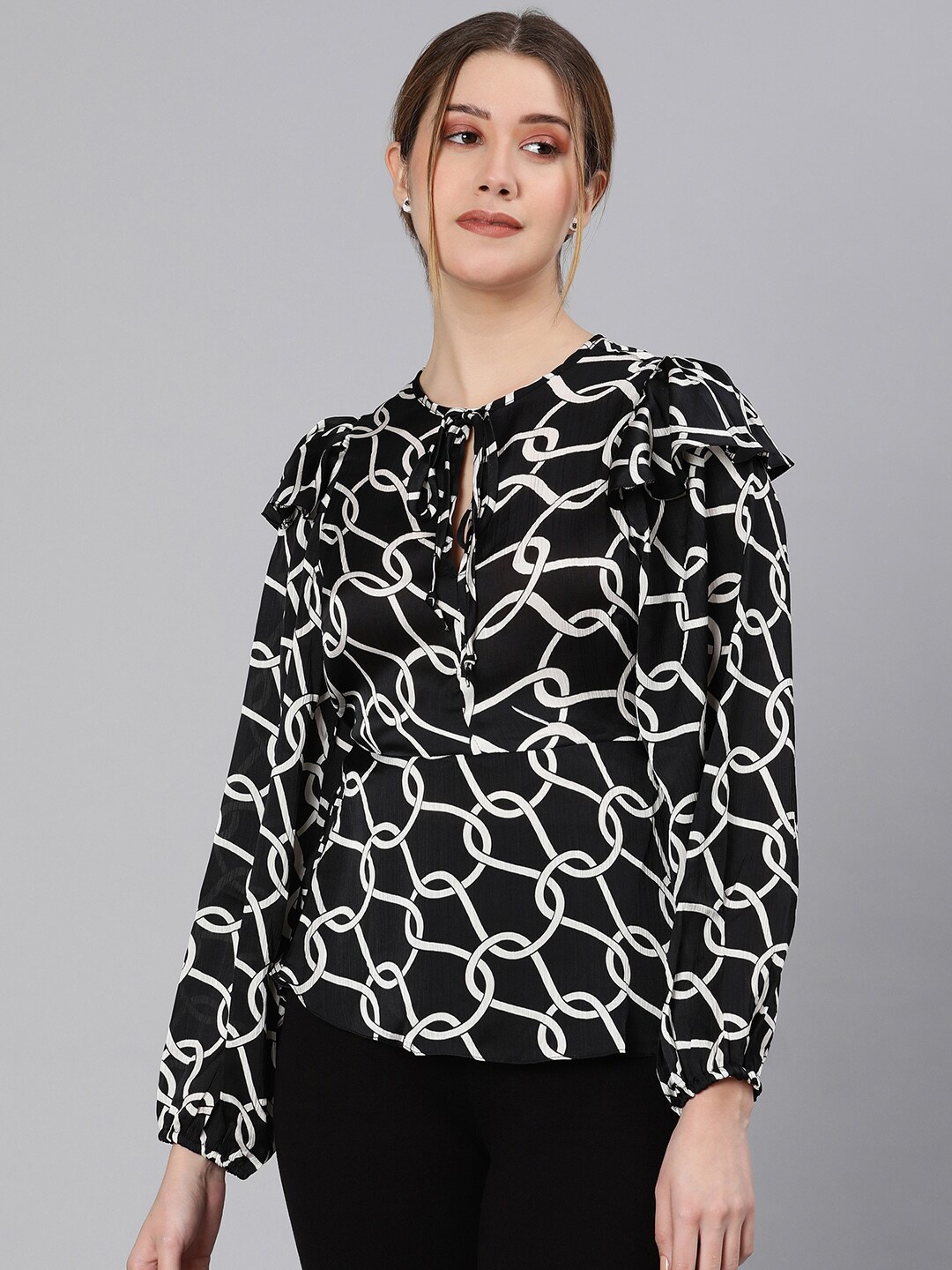 

Oxolloxo Black Print Tie-Up Neck Ruffles Peplum Top