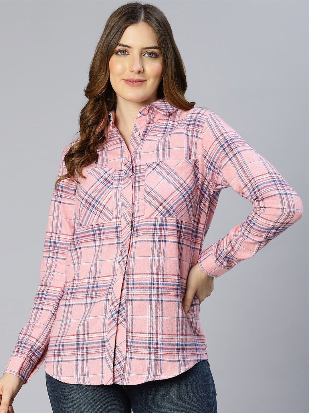 

Oxolloxo Women Pink Classic Tartan Checked Cotton Casual Shirt