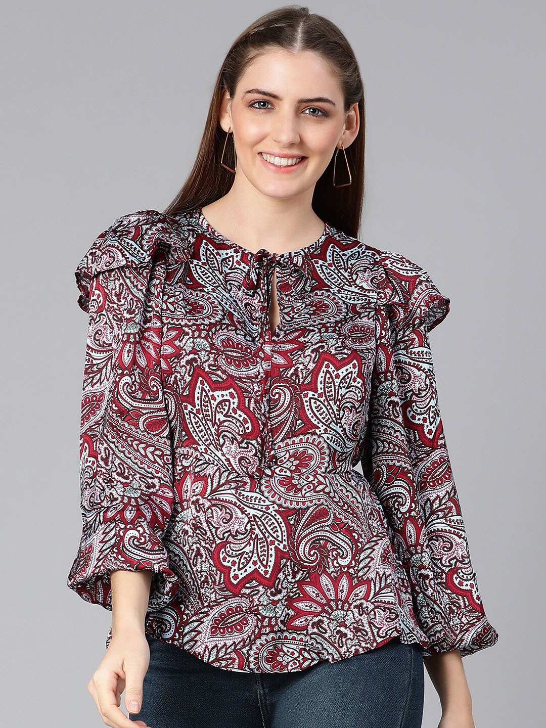 

Oxolloxo Maroon Print Tie-Up Neck Ruffles Cinched Waist Top