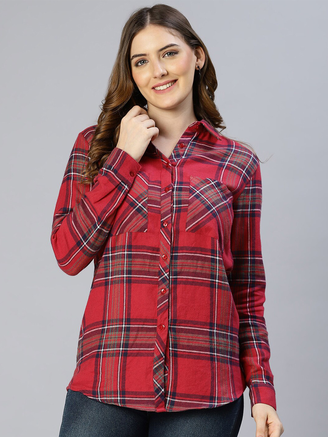 

Oxolloxo Women Pink Classic Tartan Checked Cotton Casual Shirt