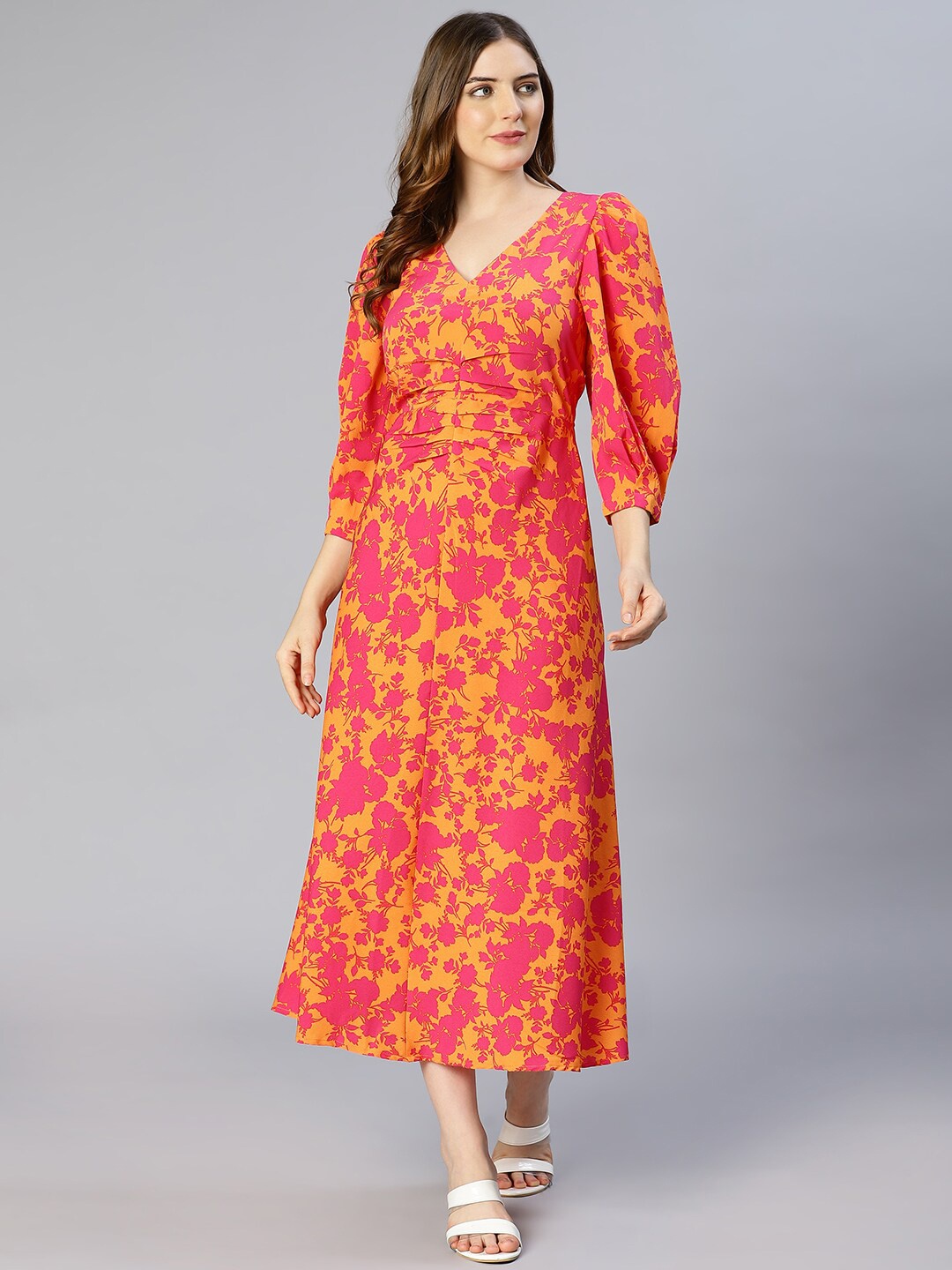 

Oxolloxo Orange Floral Printed Satin Midi Dress