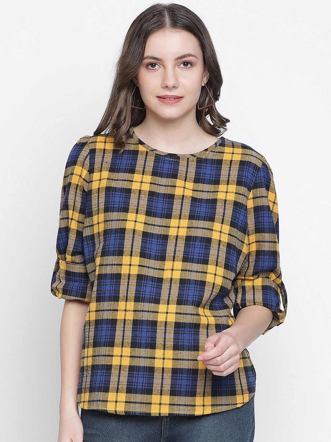 

Oxolloxo Women Yellow & Blue Pure Cotton Checked Roll-Up Sleeves Top
