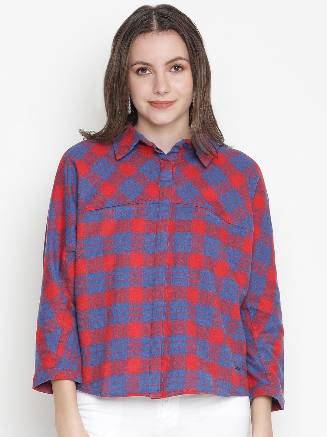 

Oxolloxo Women Red Classic Boxy Tartan Checked Cotton Casual Shirt