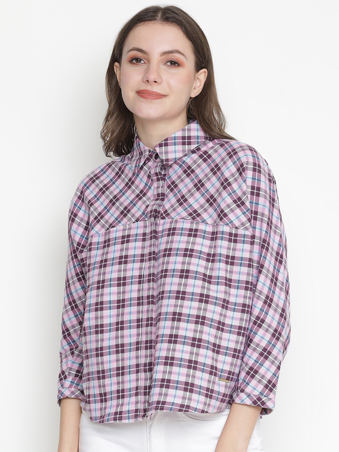 

Oxolloxo Women Purple Classic Boxy Tartan Checked Cotton Casual Shirt