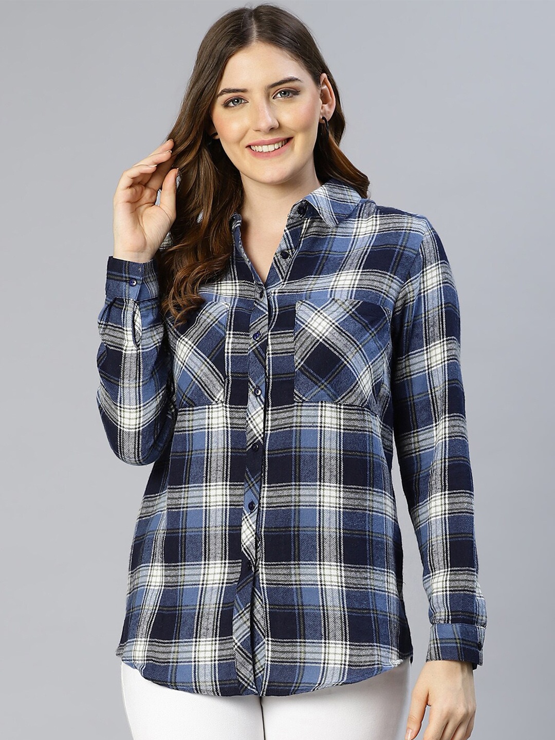 

Oxolloxo Women Navy Blue Classic Tartan Checked Cotton Casual Shirt