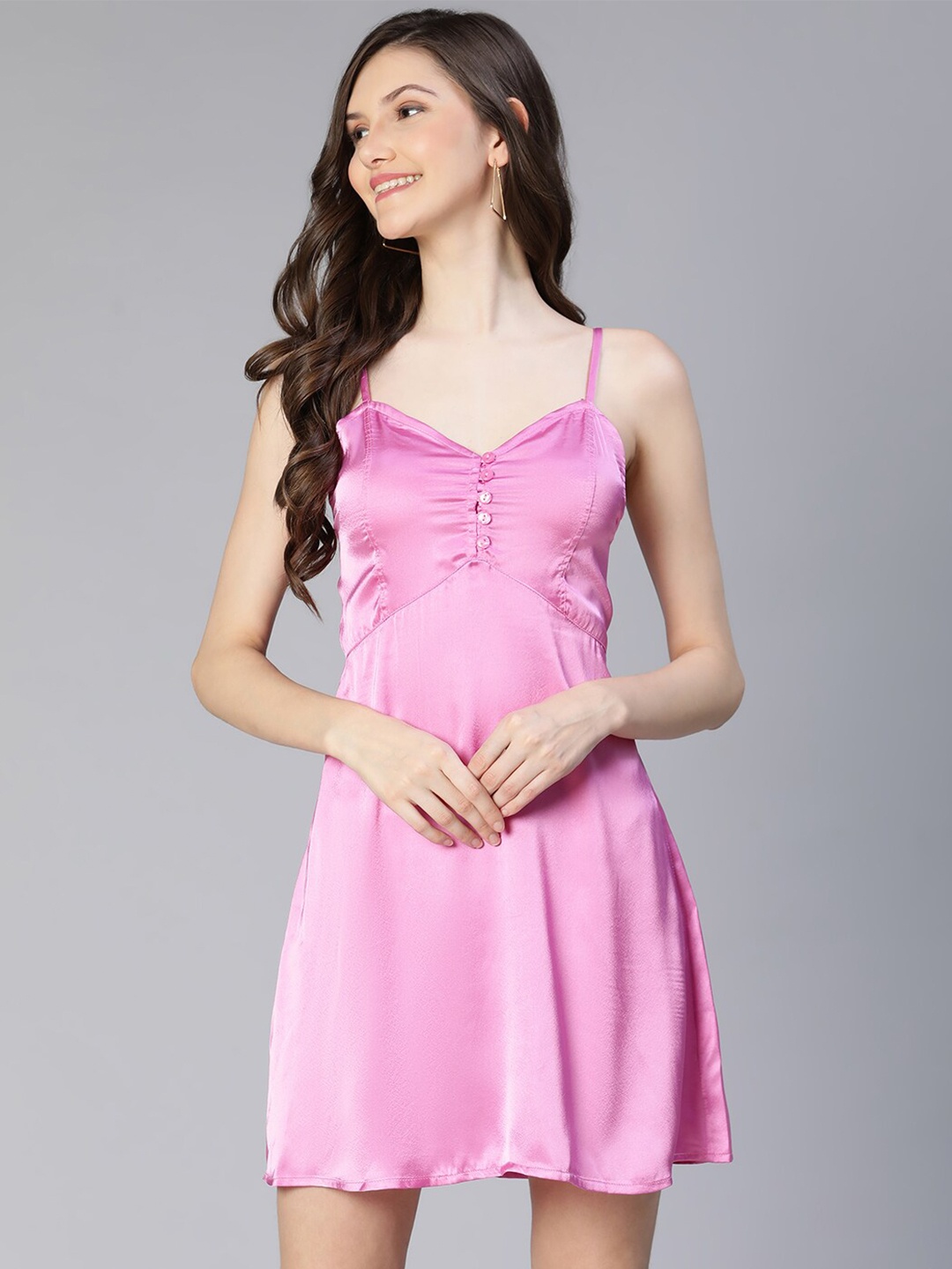 

Oxolloxo Women Pink Solid Shoulder Straps Satin Mini Dress