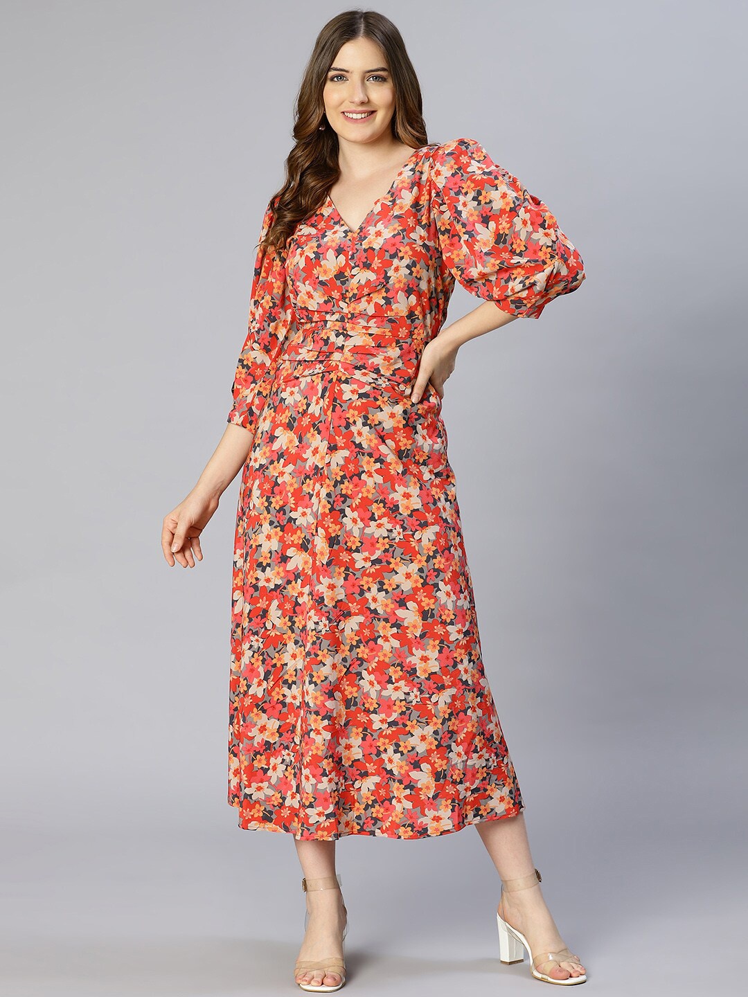 

Oxolloxo Red & Cream Floral Satin Pleated Puff Sleeves A-Line Midi Dress
