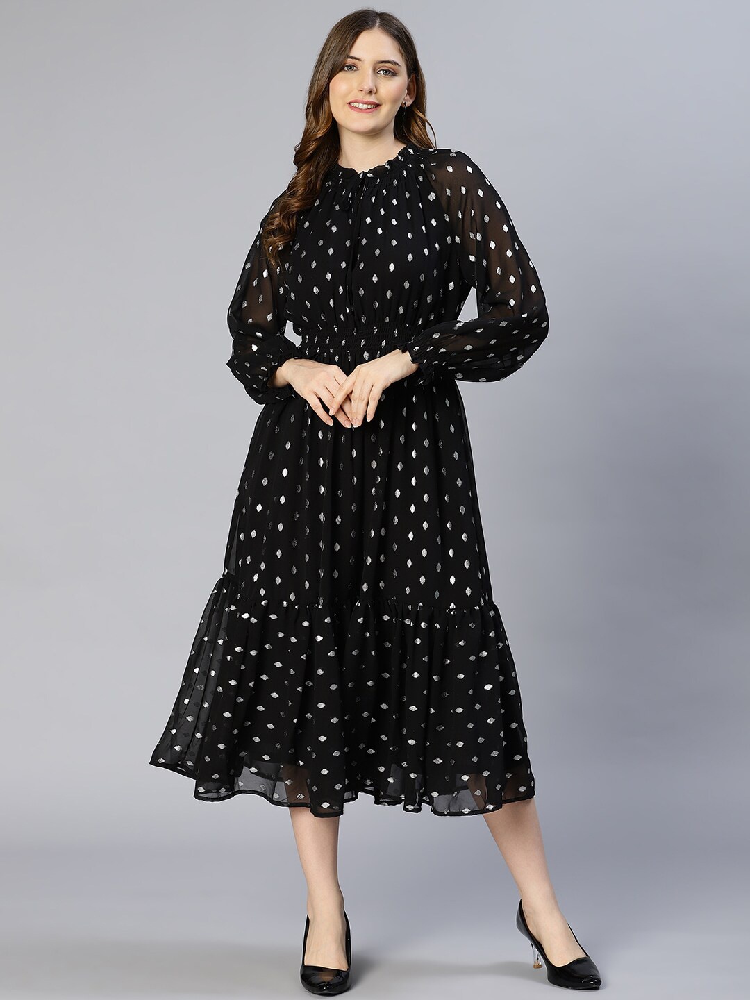 

Oxolloxo Women Black Polka Dots Printed Tie-Up Neck Satin Midi Dress