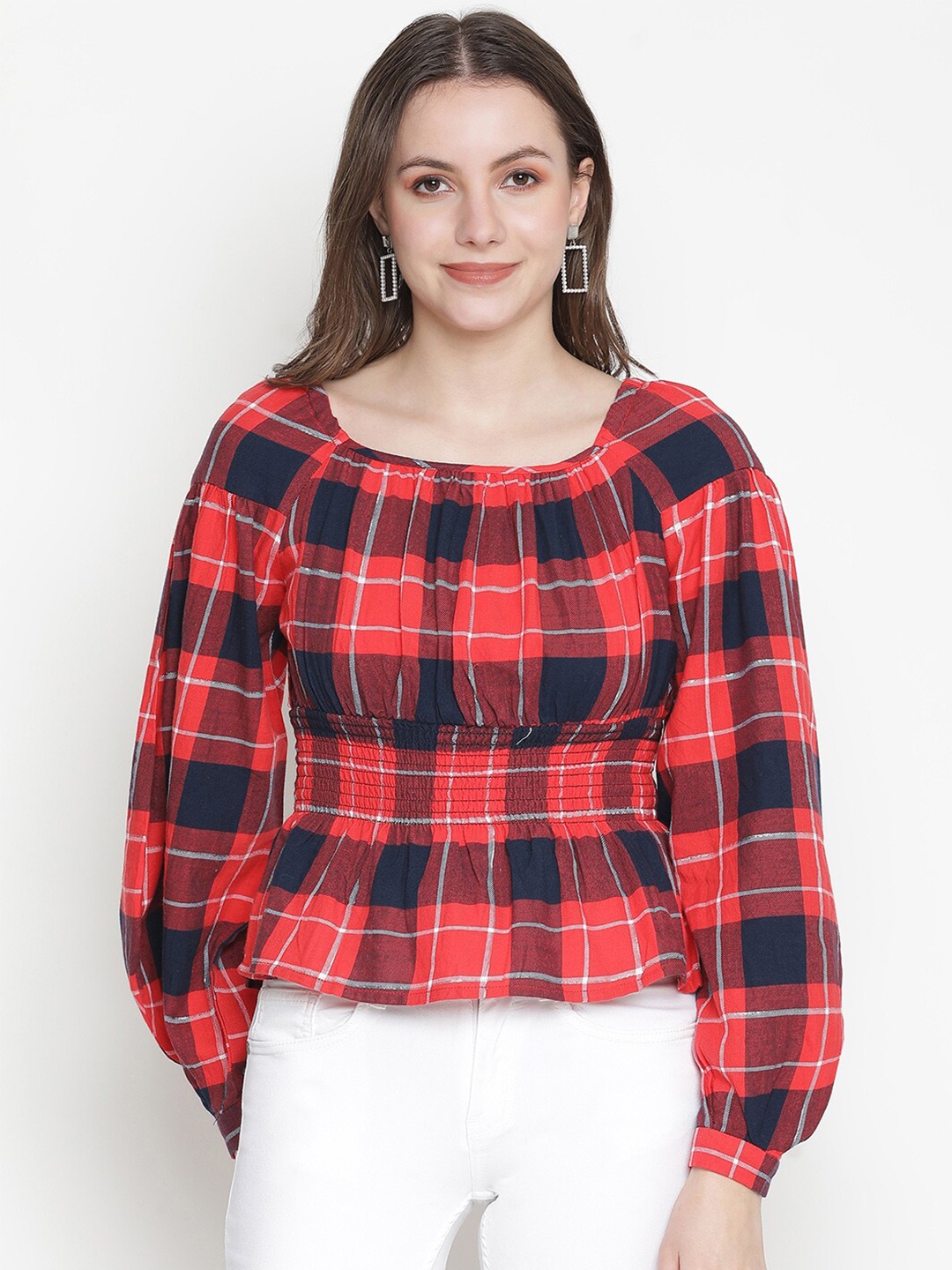 

Oxolloxo Women Red Checked Smocked Cinched Pure Cotton Waist Top