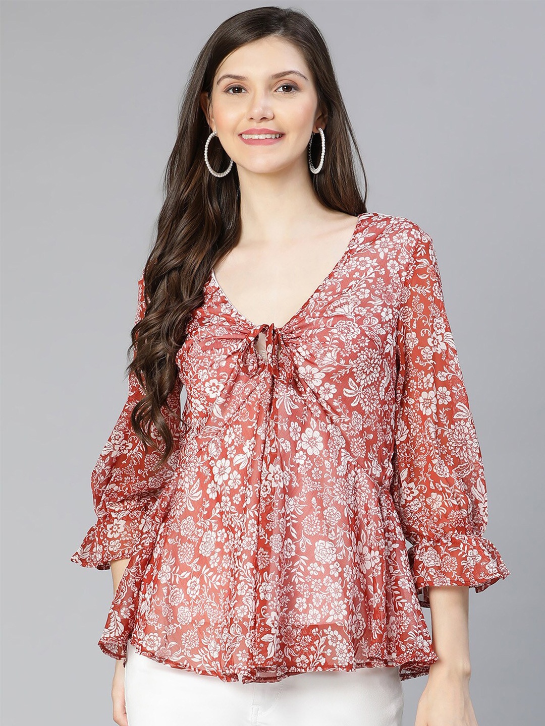 

Oxolloxo Women Red Floral Print Tie-Up Neck Empire Top