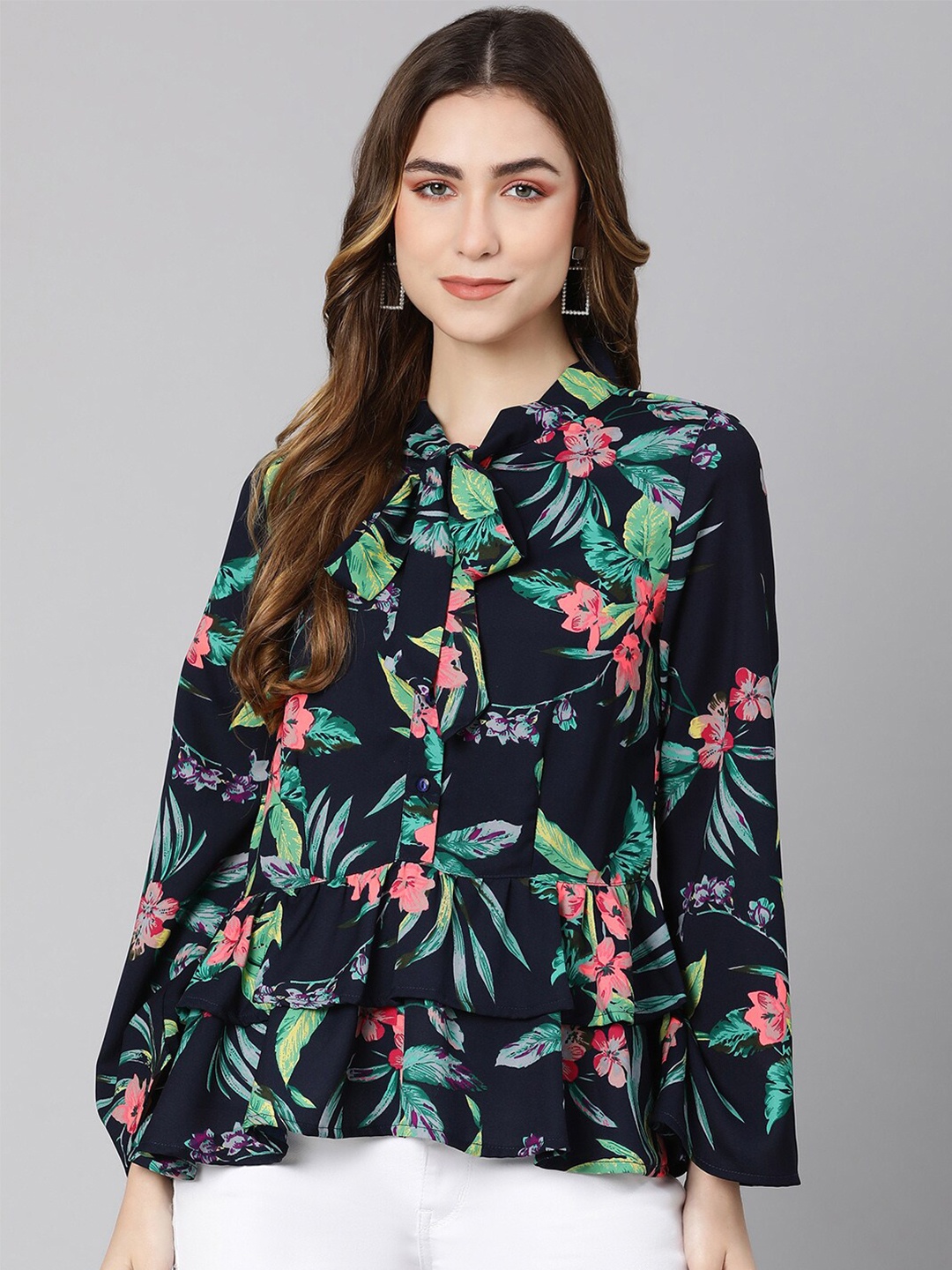 

Oxolloxo Women Blue Floral Print Mandarin Collar Ruffles Top