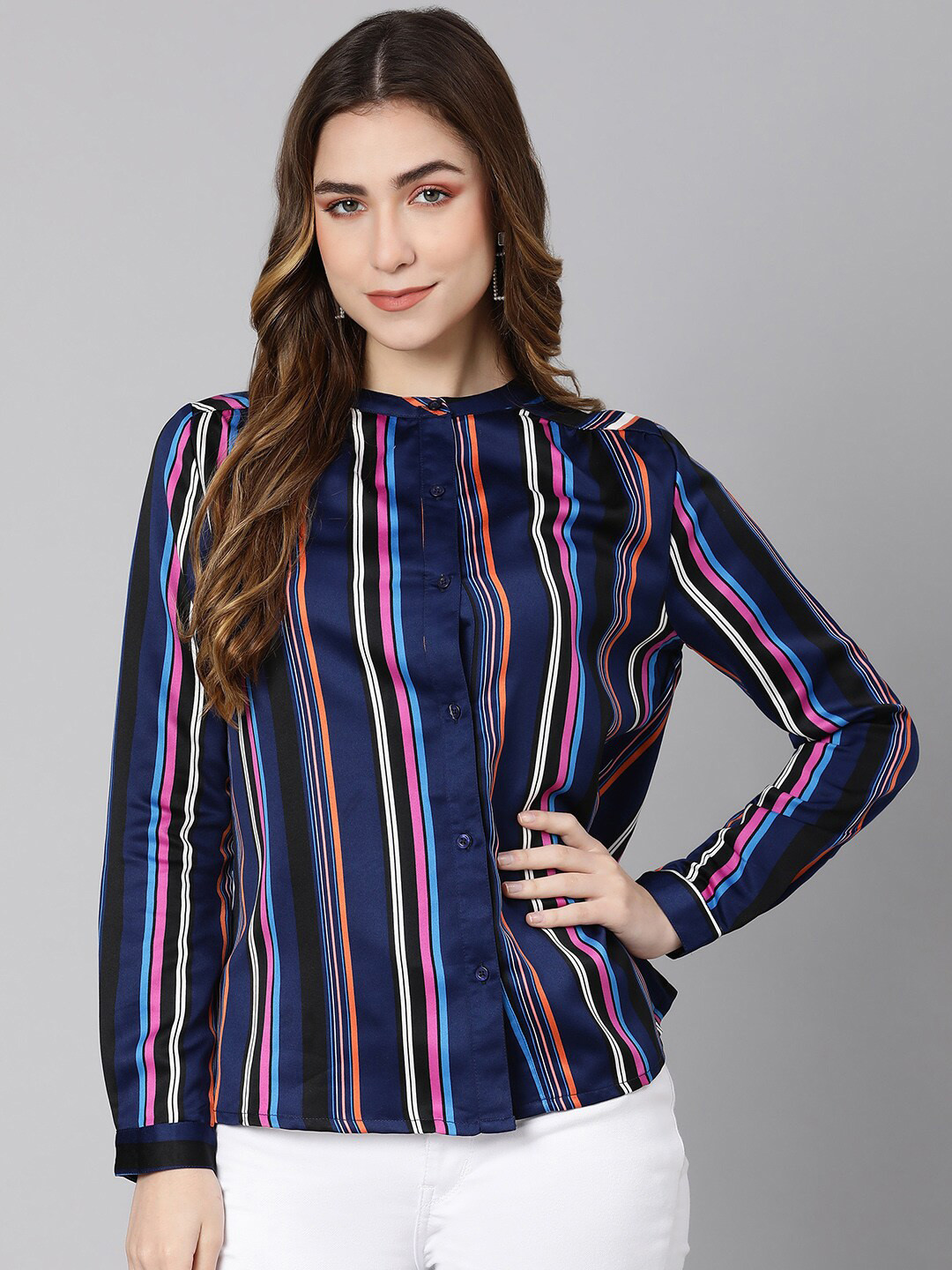 

Oxolloxo Women Blue Classic Striped Casual Shirt