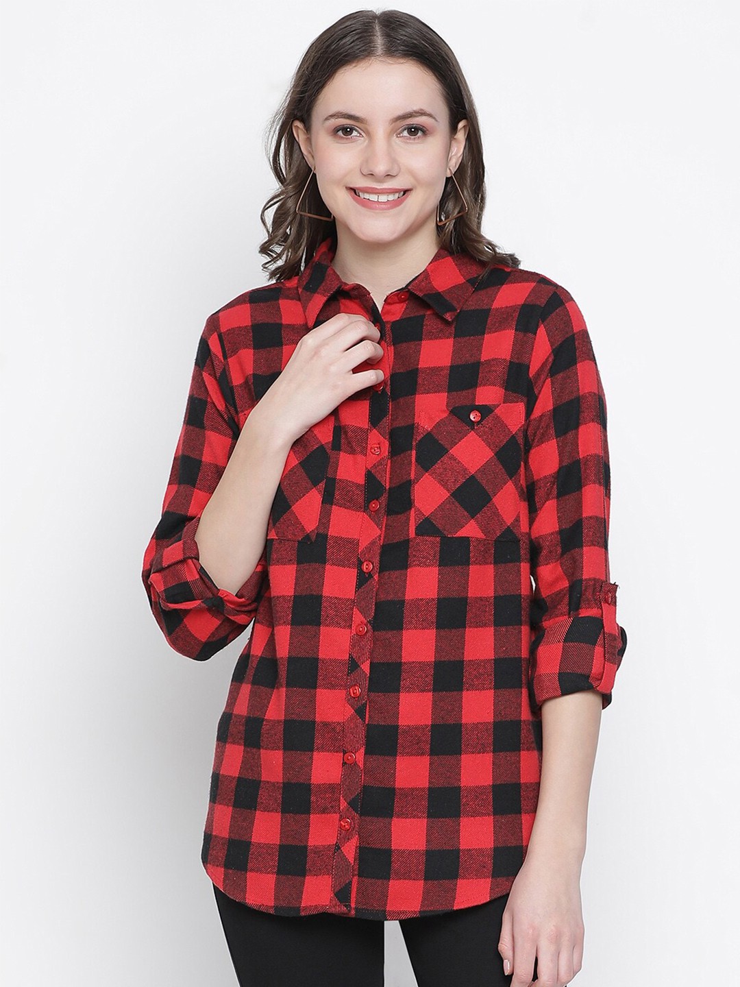 

Oxolloxo Women Red Classic Buffalo Checked Cotton Casual Shirt