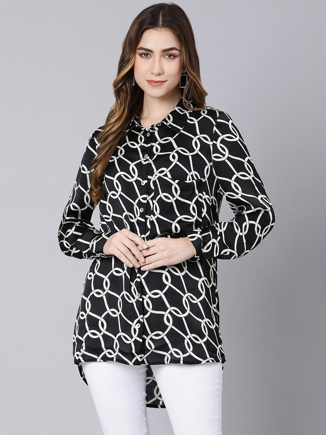 

Oxolloxo Women Black Classic Printed Casual Shirt
