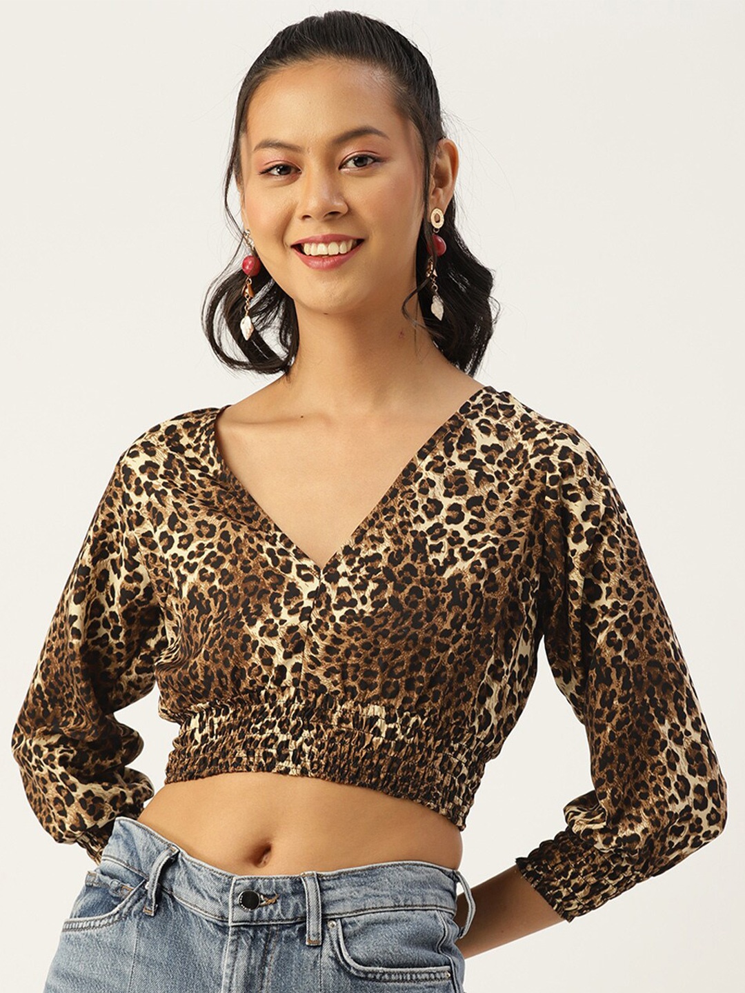 

SIRIKIT Women Brown Animal Print Crepe Crop Top