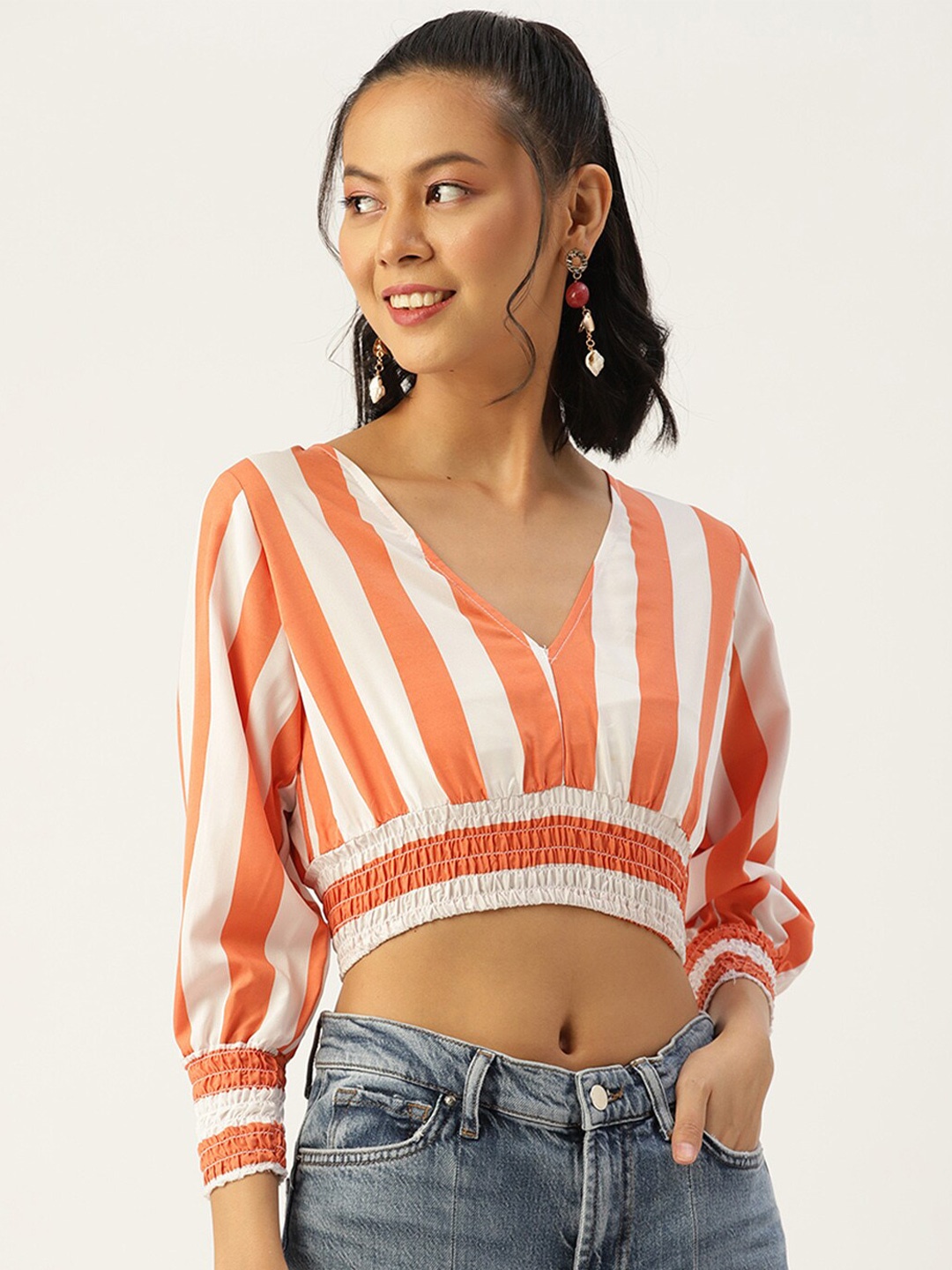 

SIRIKIT Women White & Orange Striped Crepe Top