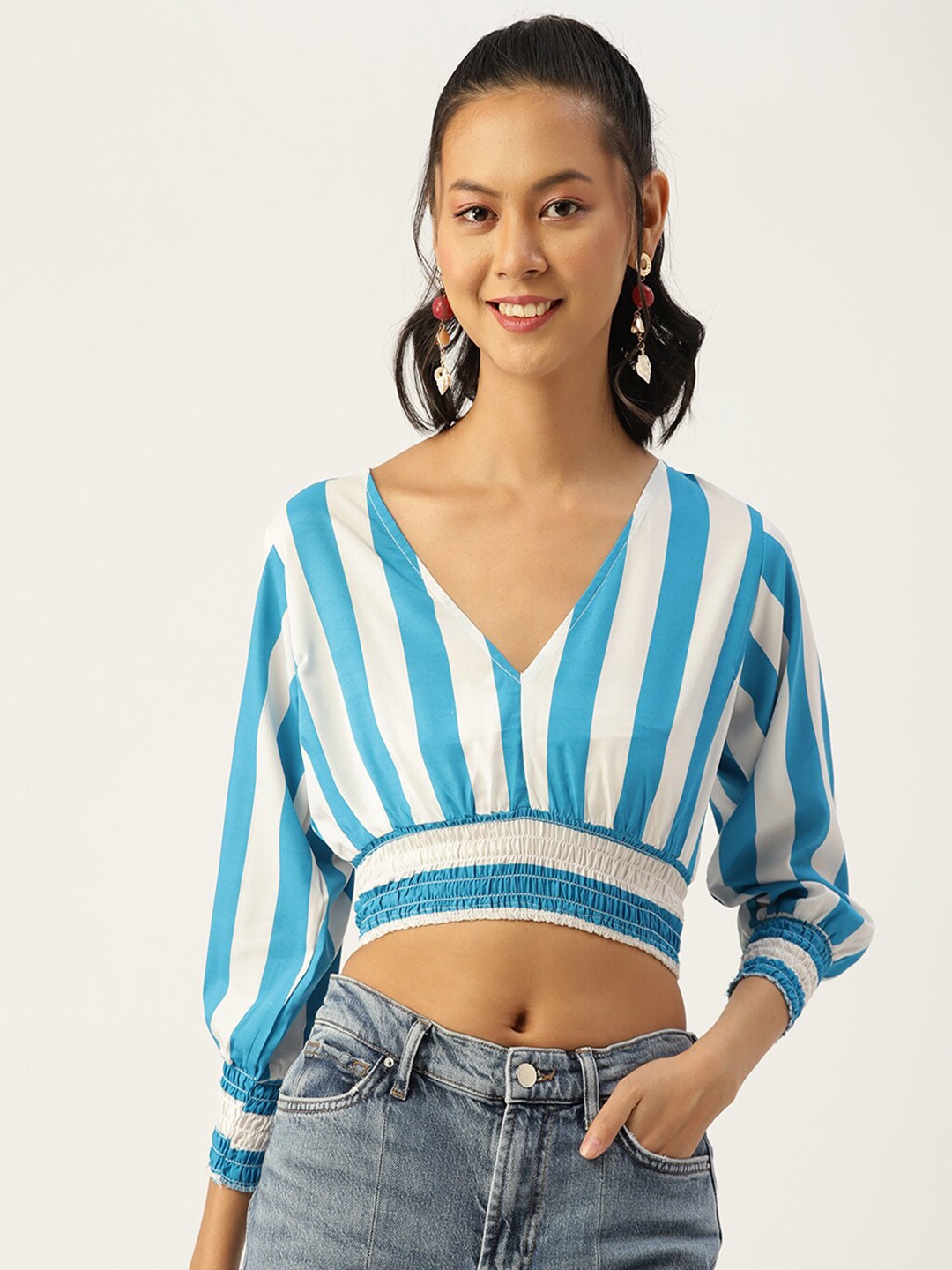 

SIRIKIT White & Blue Striped Crepe Blouson Crop Top