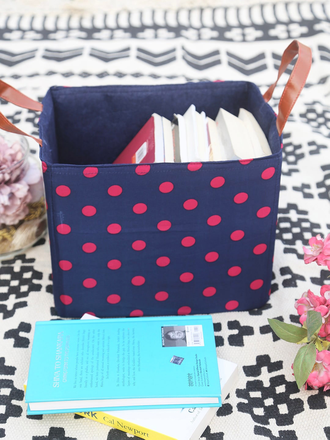 

My Gift Booth Navy Blue & Pink Polka Printed Storage Bin With Handles Organiser