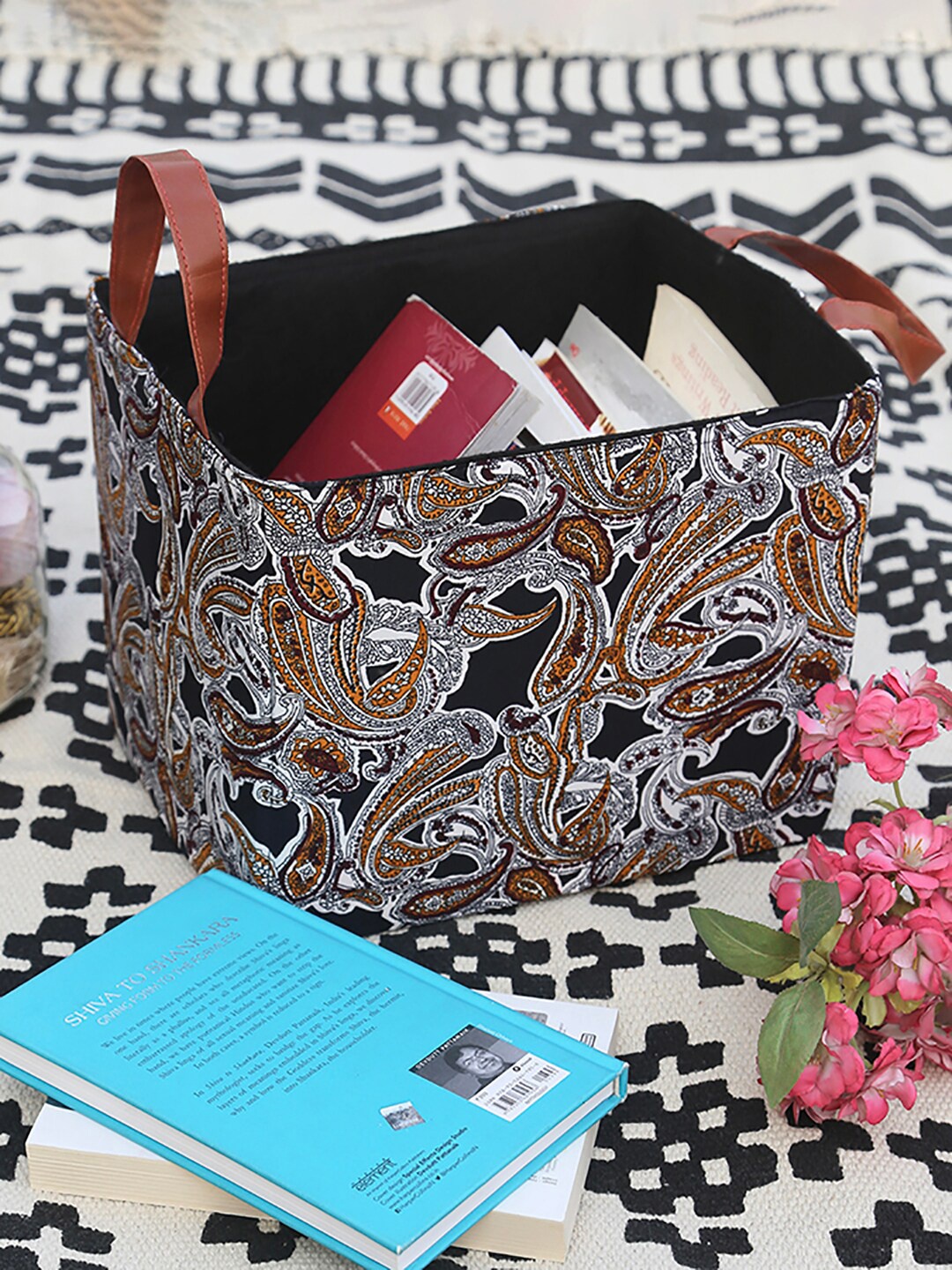 

My Gift Booth Black & Brown Paisley Printed Storage Organizer With handle