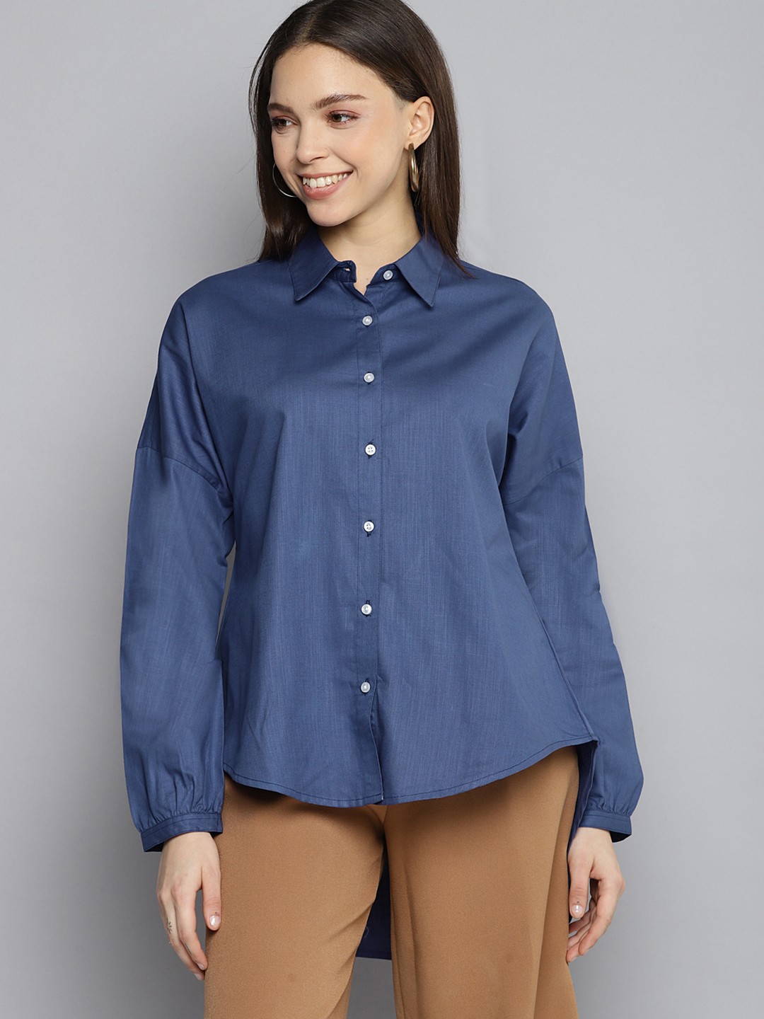 

DENNISON Women Blue Oversized Puff Sleeves Casual Shirt