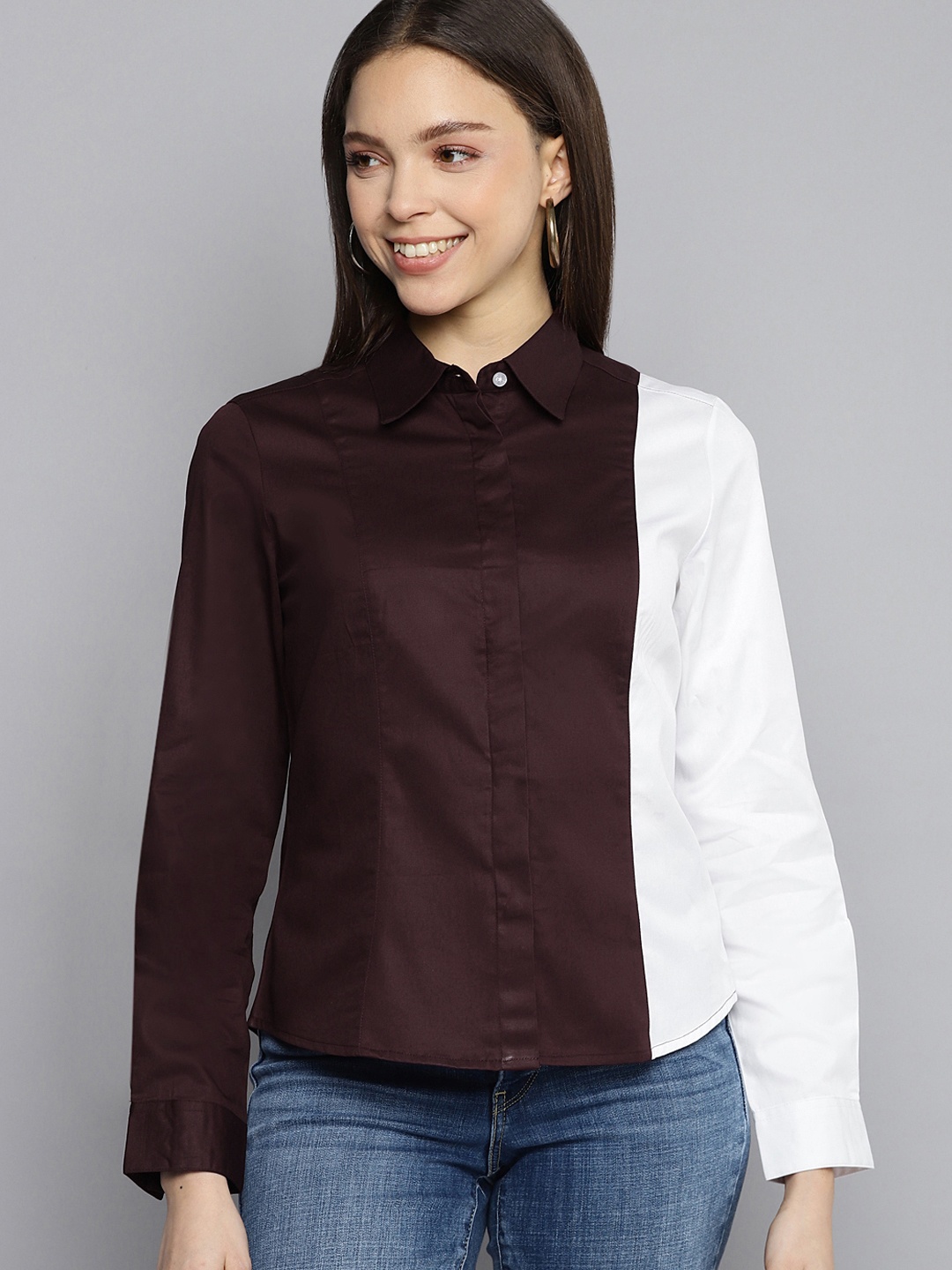 

DENNISON Women Smart Slim Fit Colourblocked Casual Shirt, Brown