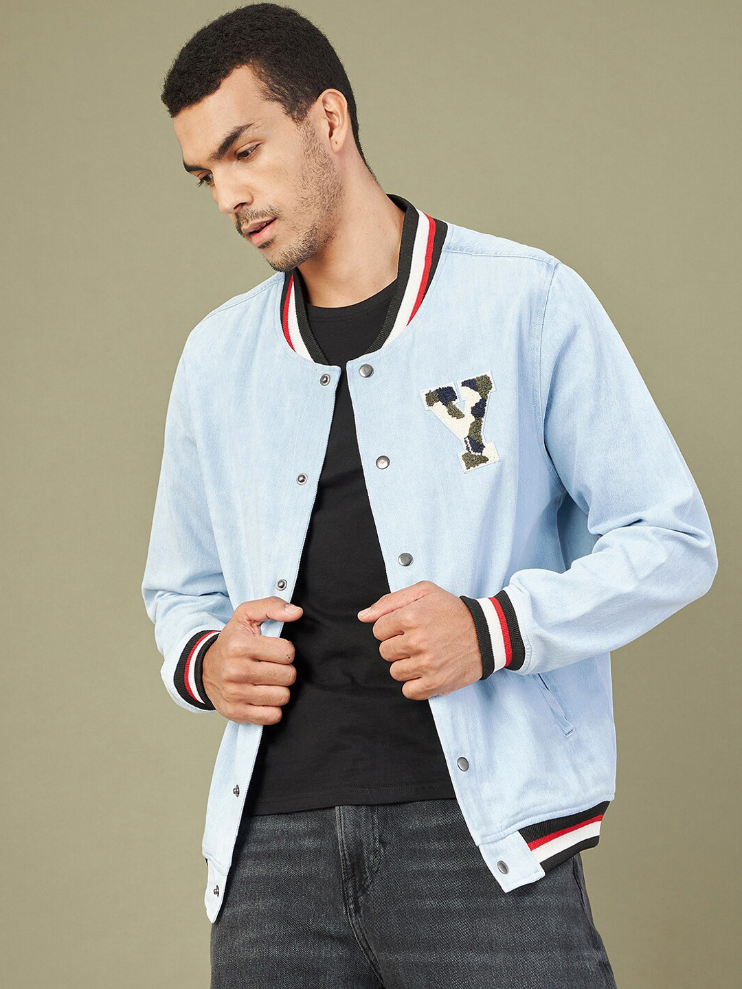 

MASCLN SASSAFRAS Men Blue Ribbed Varsity Jacket