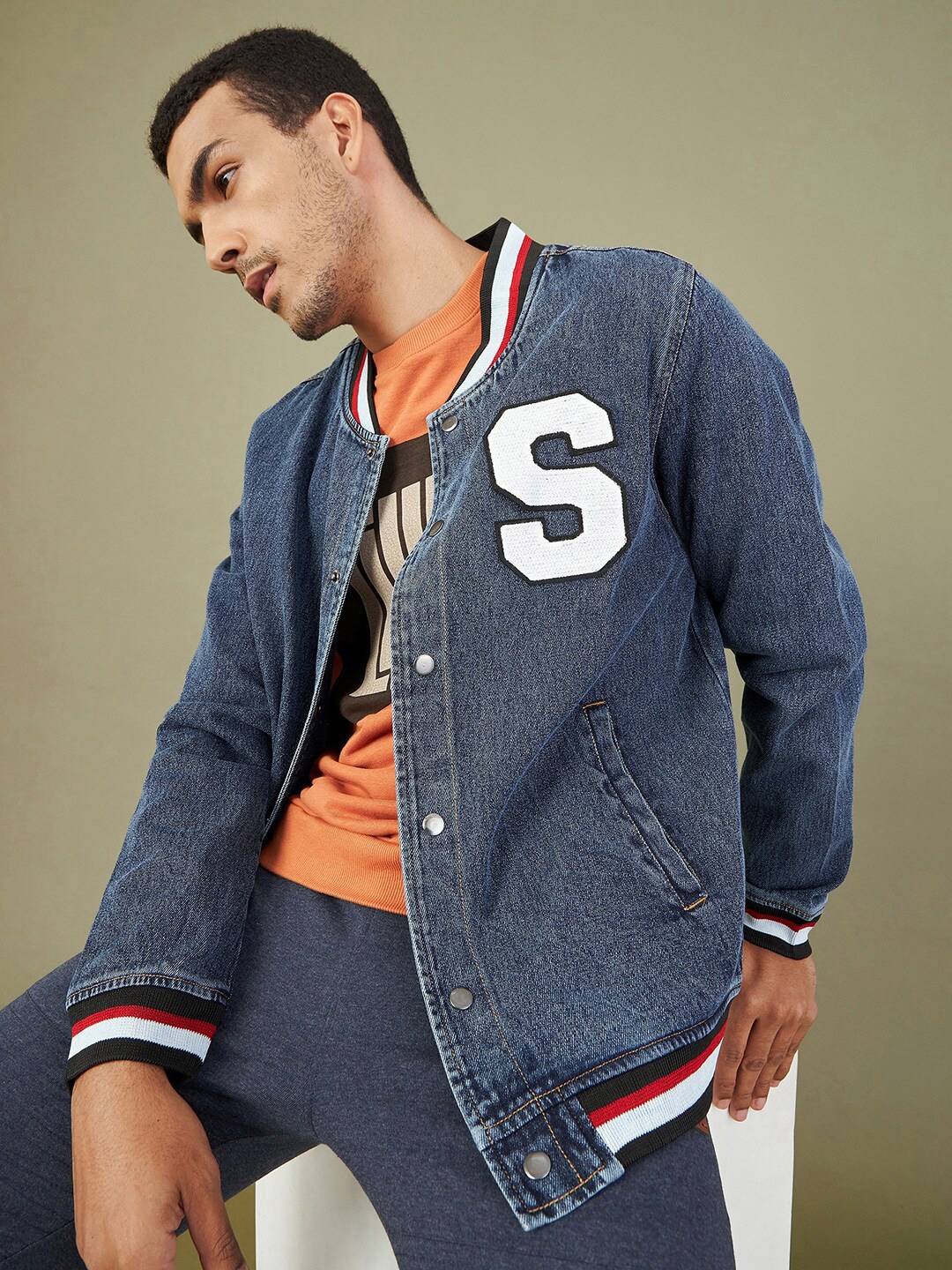

MASCLN SASSAFRAS Men Blue Ribbed Varsity Jacket
