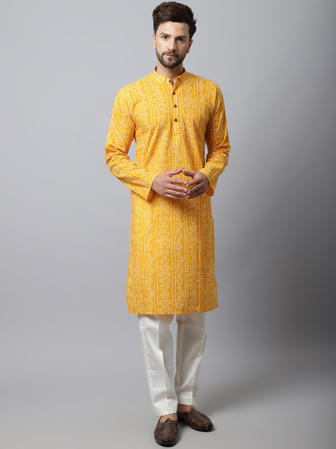 

anokherang Men Yellow Bandhani Printed Pure Cotton Kurta with Pyjamas