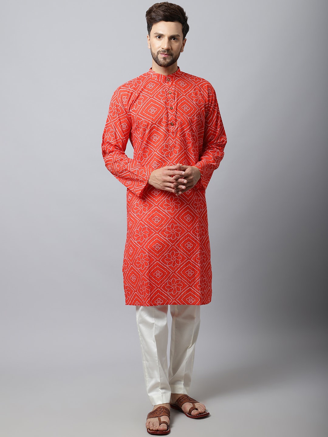 

anokherang Men Red Bandhani Printed Pure Cotton Kurta with Pyjamas