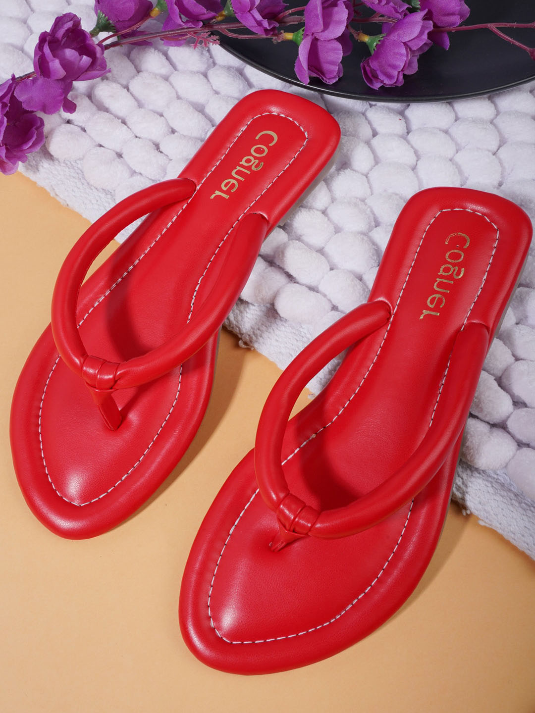 

Cogner Women Red Solid Synthetic T-Strap Flats