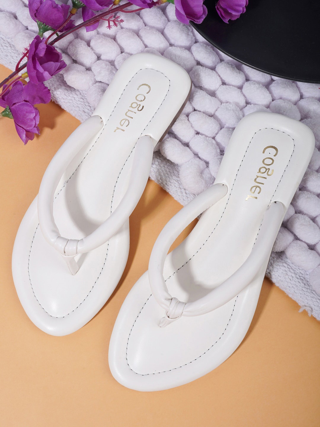 

Cogner Women White Solid Synthetic T-Strap Flats