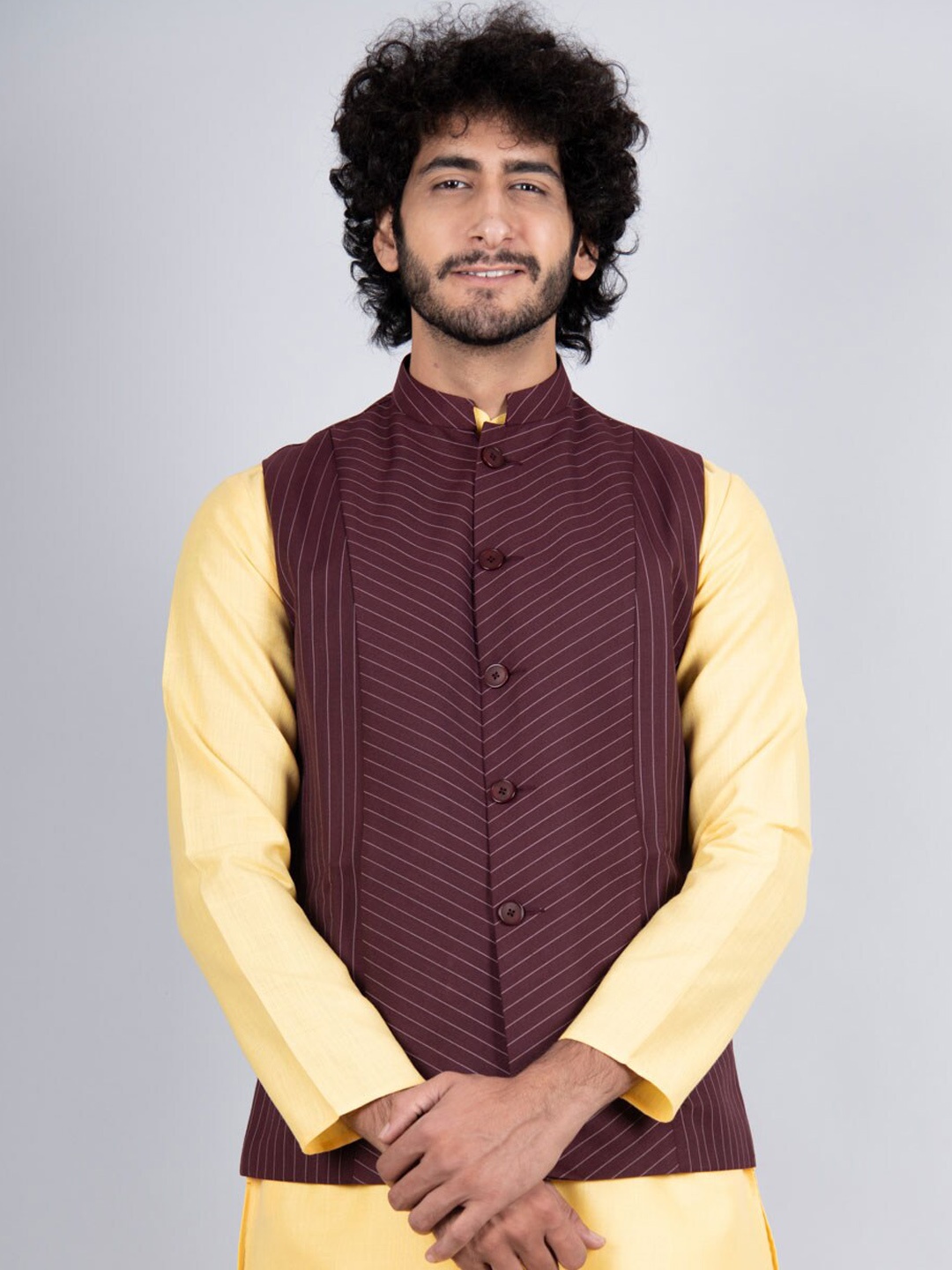 

Tistabene Men Maroon Striped Cotton Nehru Jackets, Brown