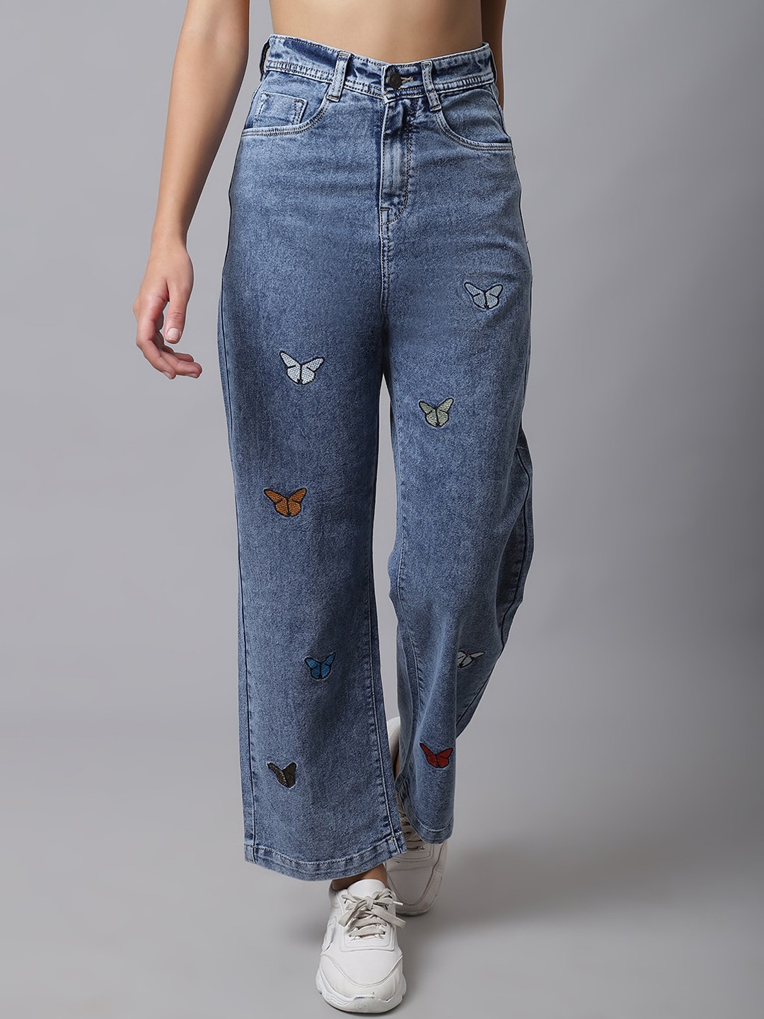 

River Of Design Jeans Women Blue Flared High-Rise Mildly Distressed Light Fade Stretchable Jeans