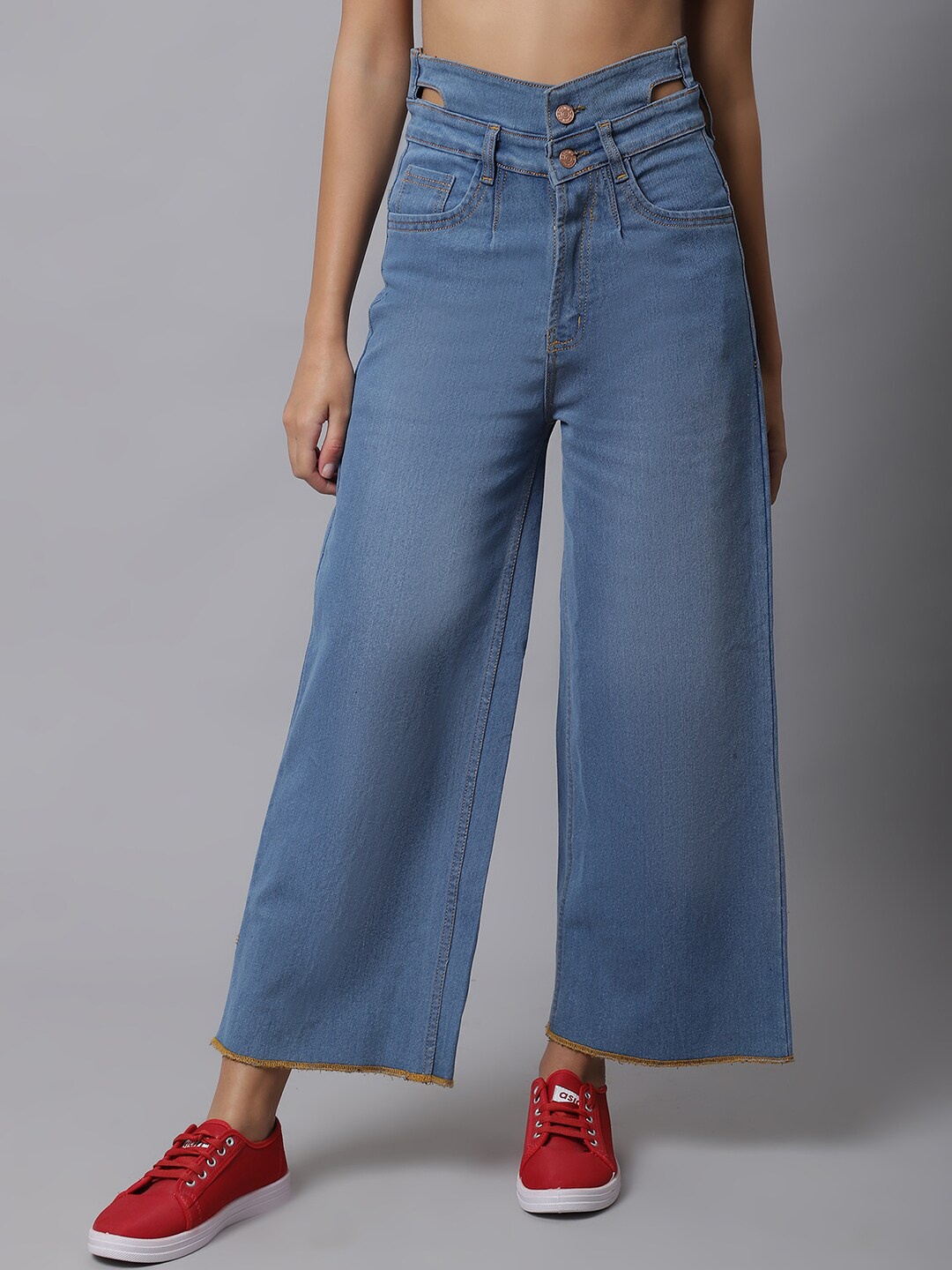 

River Of Design Jeans Women Blue Cotton Wide Leg High-Rise Stretchable Jeans