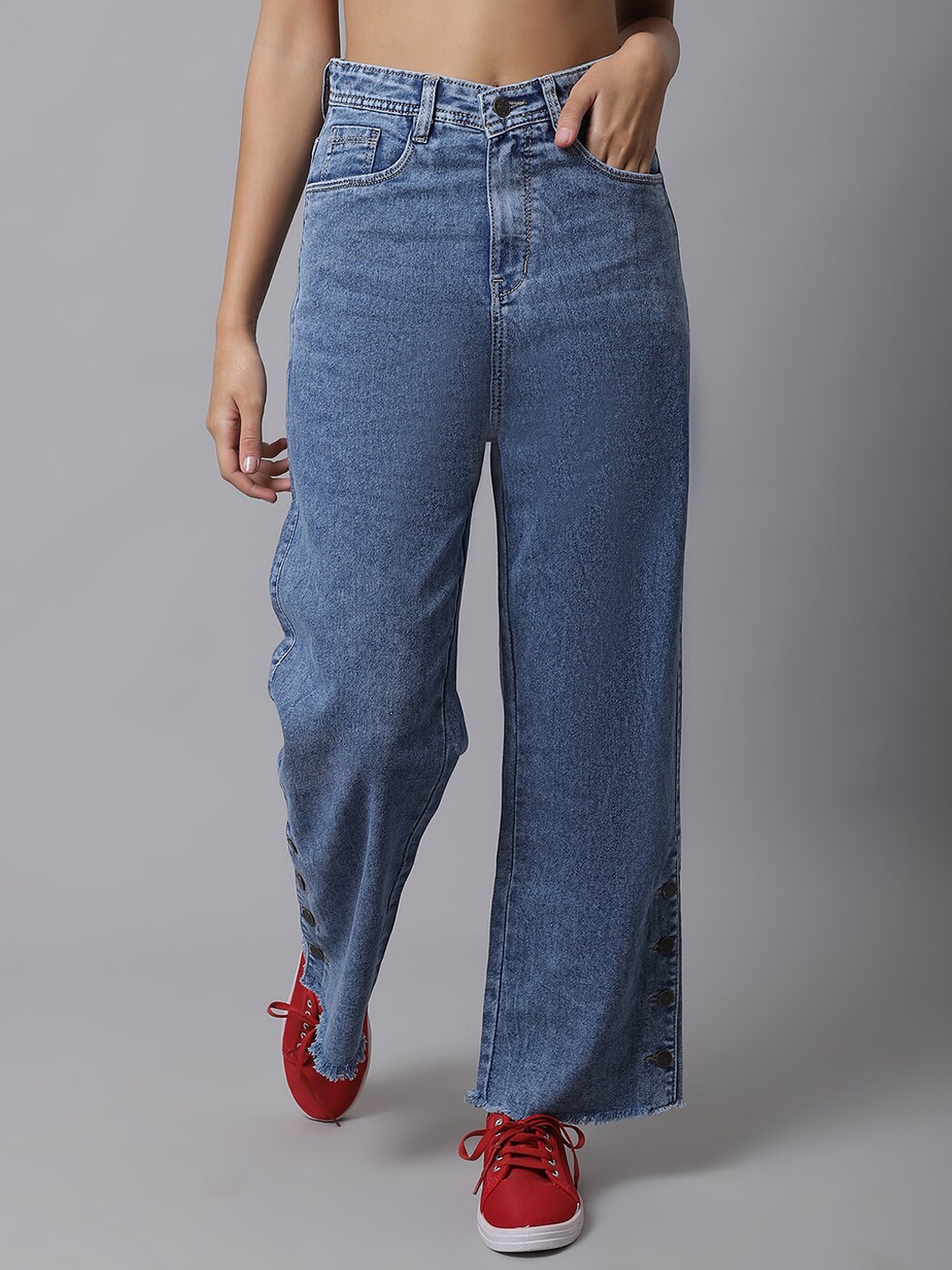 

River Of Design Jeans Women Blue Cotton Wide Leg High-Rise Stretchable Jeans