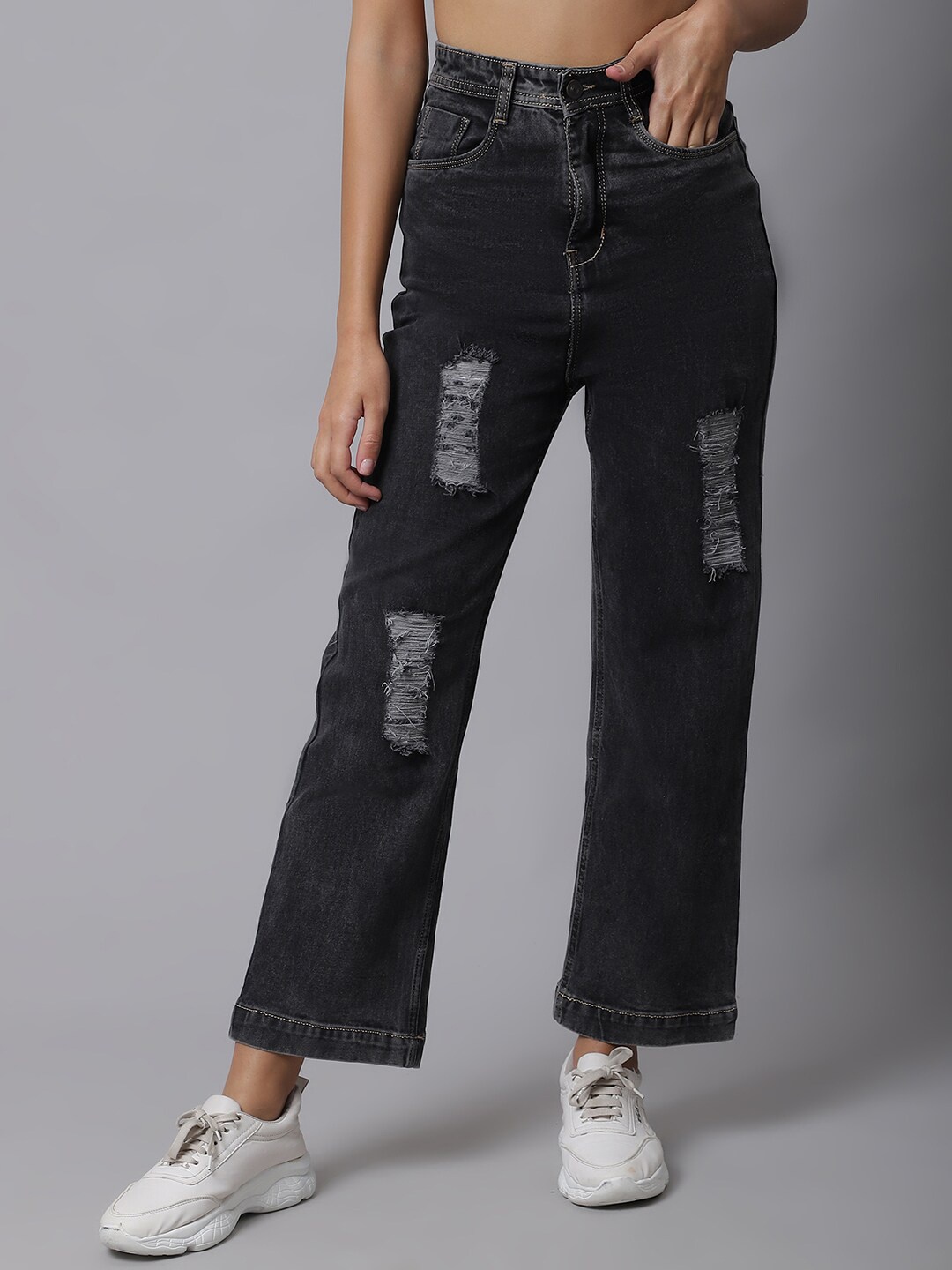 

River Of Design Jeans Women Charcoal Wide Leg High-Rise Mildly Distressed Stretchable Jeans