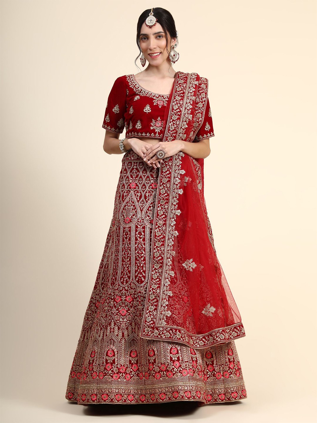 

Phenav Red & Silver-Toned Embroidered Thread Work Ready to Wear Lehenga & Blouse With Dupatta